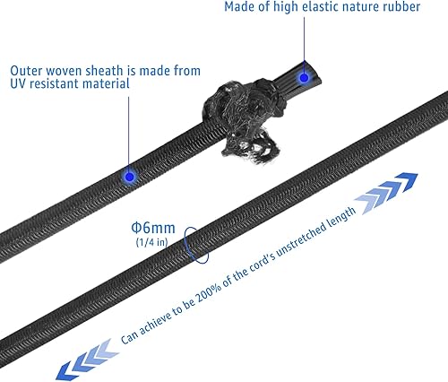 Miniatura 4 de Cuerda elástica de 1/4 de pulgada de diámetro, 50 pies de longitud, cuerda elástica para kayak, color negro, goma real y resistente a los rayos UV
