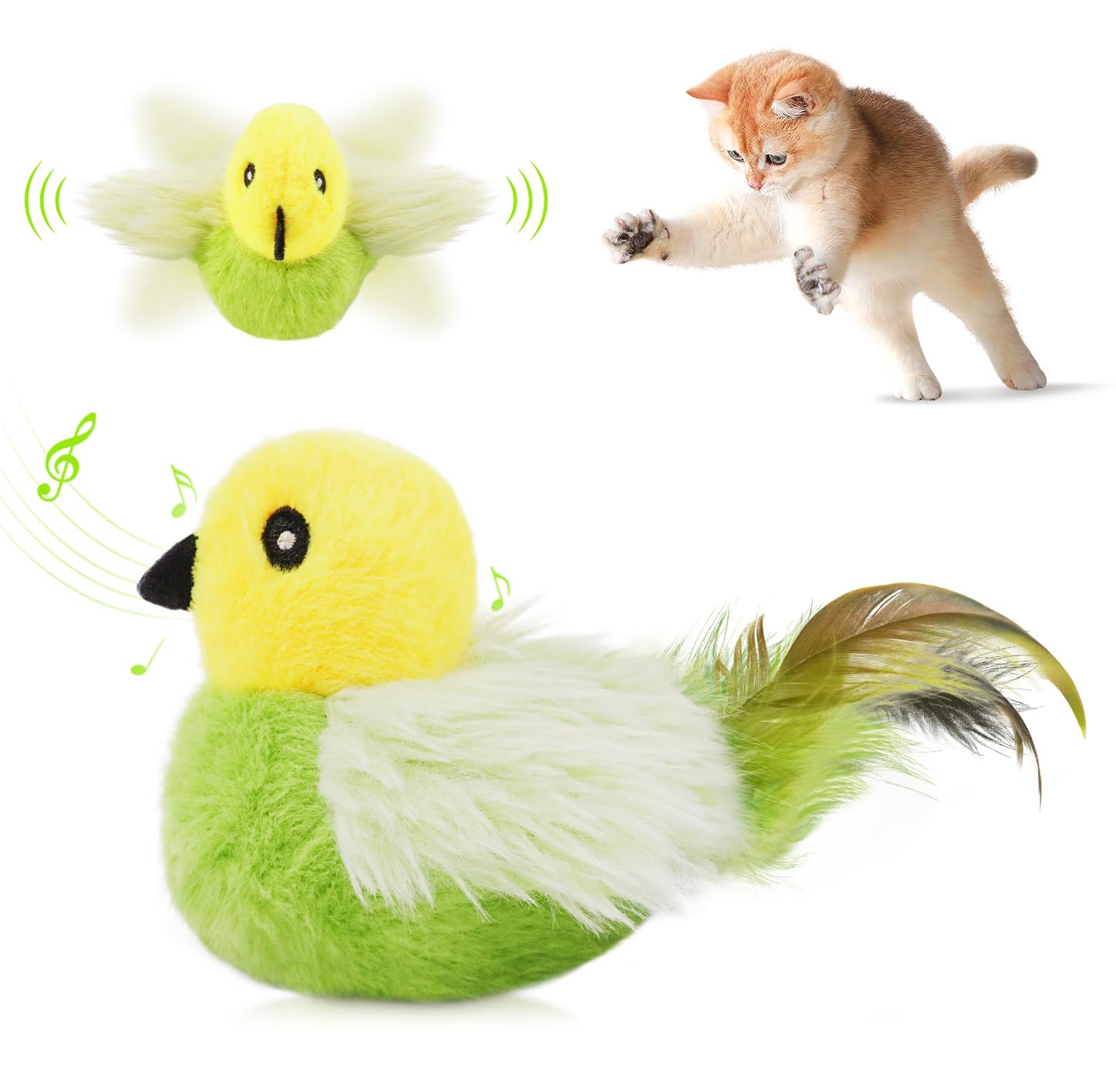 Migipaws Katzenspielzeug, elektrisches interaktives Katzenspielzeug,echte Flügel und Zwitschern wie EIN Vogel, Plüschspielzeug mit Katzenminze,wiederaufladbar(grün)