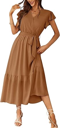 PRETTYGARDEN Women's Summer Floral Boho Maxi Dress Wrap Short Sleeve V Neck Ruffle A-Line Flowy Wedding Guest Long Dresses