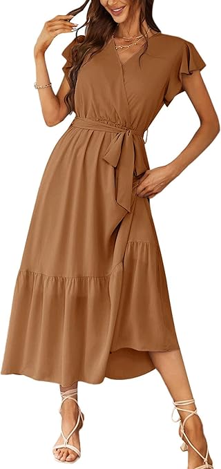 PRETTYGARDEN Women's Summer Floral Boho Maxi Dress Wrap Short Sleeve V Neck Ruffle A-Line Flowy Wedding Guest Long Dresses
