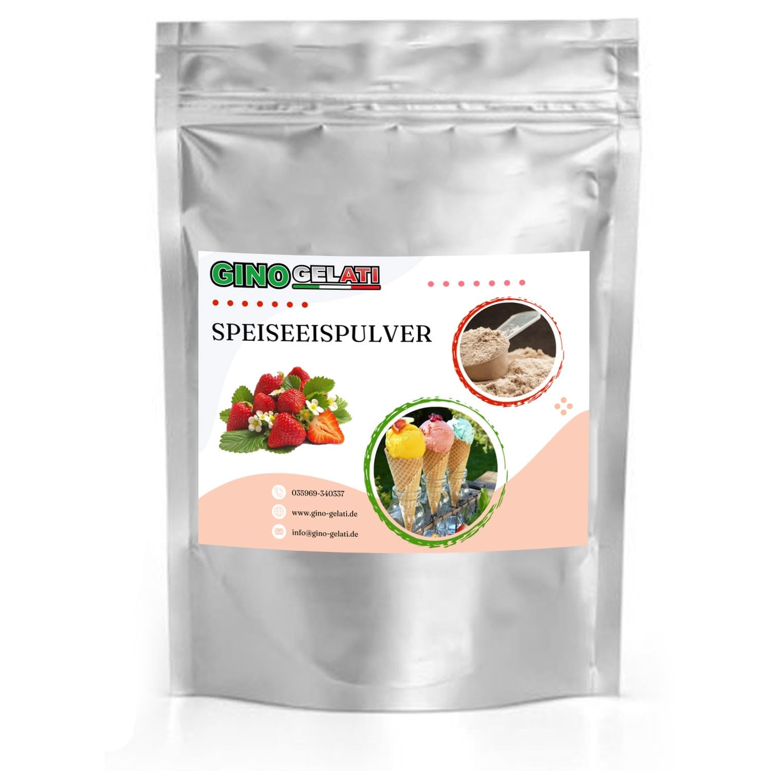 Gino Gelati Erdbeere fruchtiges Eis Speiseeis Pulver 10 Kg, verschiedene Geschmackssorten, schnelle und einfache Zubereitung, für Gastronomie und private Küche, Made in Germany