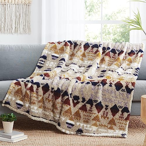 CASAAGUSTO Boho Sherpa Throw Blanket, Aztec, Ultra Soft, Warm, Cozy, Plush, Thick Fleece Bohemian Throw Blanket for Couch, Bed, Sofa (Khaki 50 * 60 Inch)