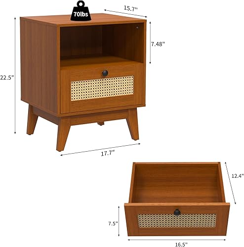 Miniatura 3 de Juego de 2 mesitas de noche de ratán, mesa auxiliar de granja con patas de madera maciza, pequeña mesa auxiliar bohemia de mediados de siglo con