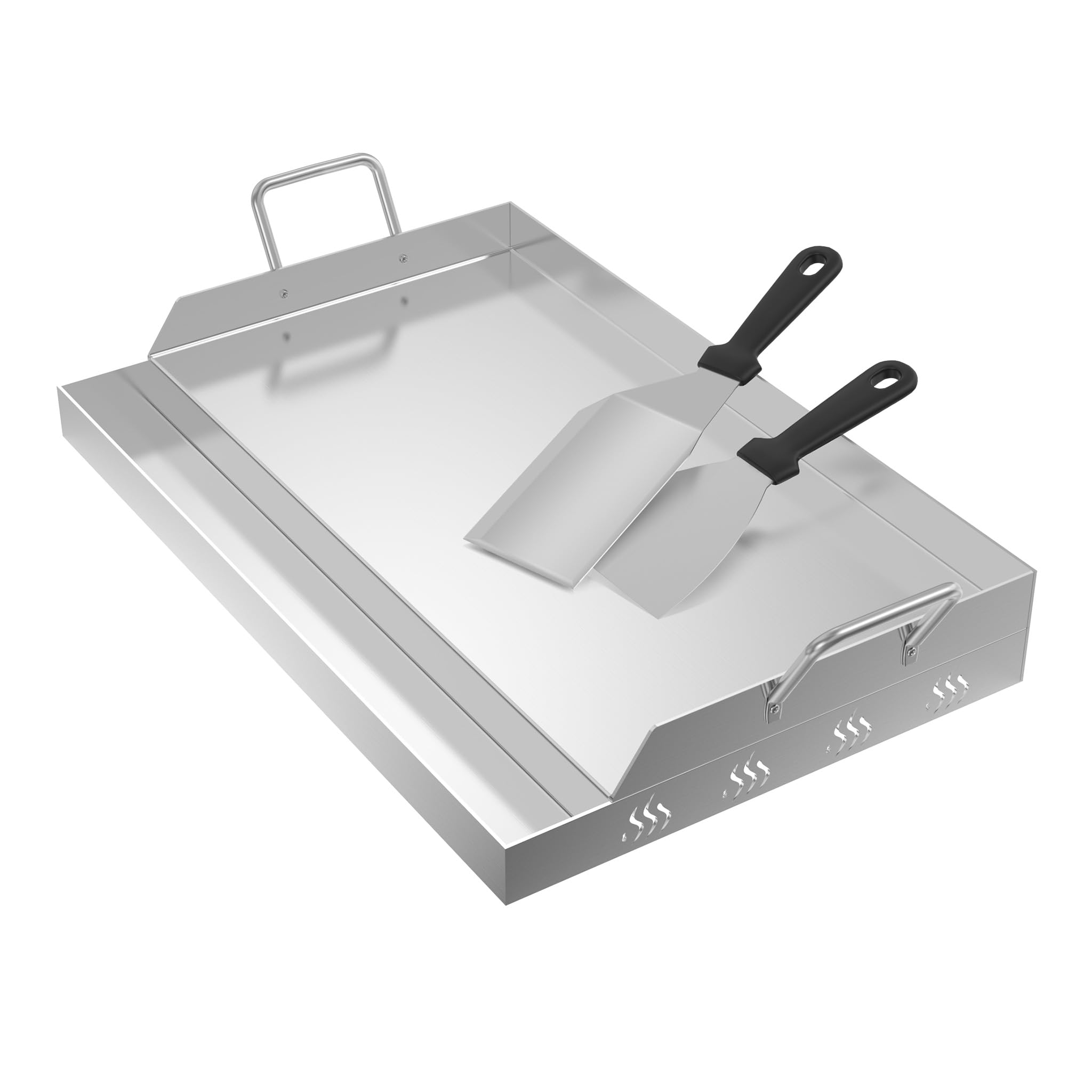 Froadp Edelstahl Grillplatte | 47x32x7cm Universal BBQ Plancha mit Ölrinne | BBQ Plancha für Gas- & Holzkohlegrill | Grillzubehör inkl. Spachtel & Griffen