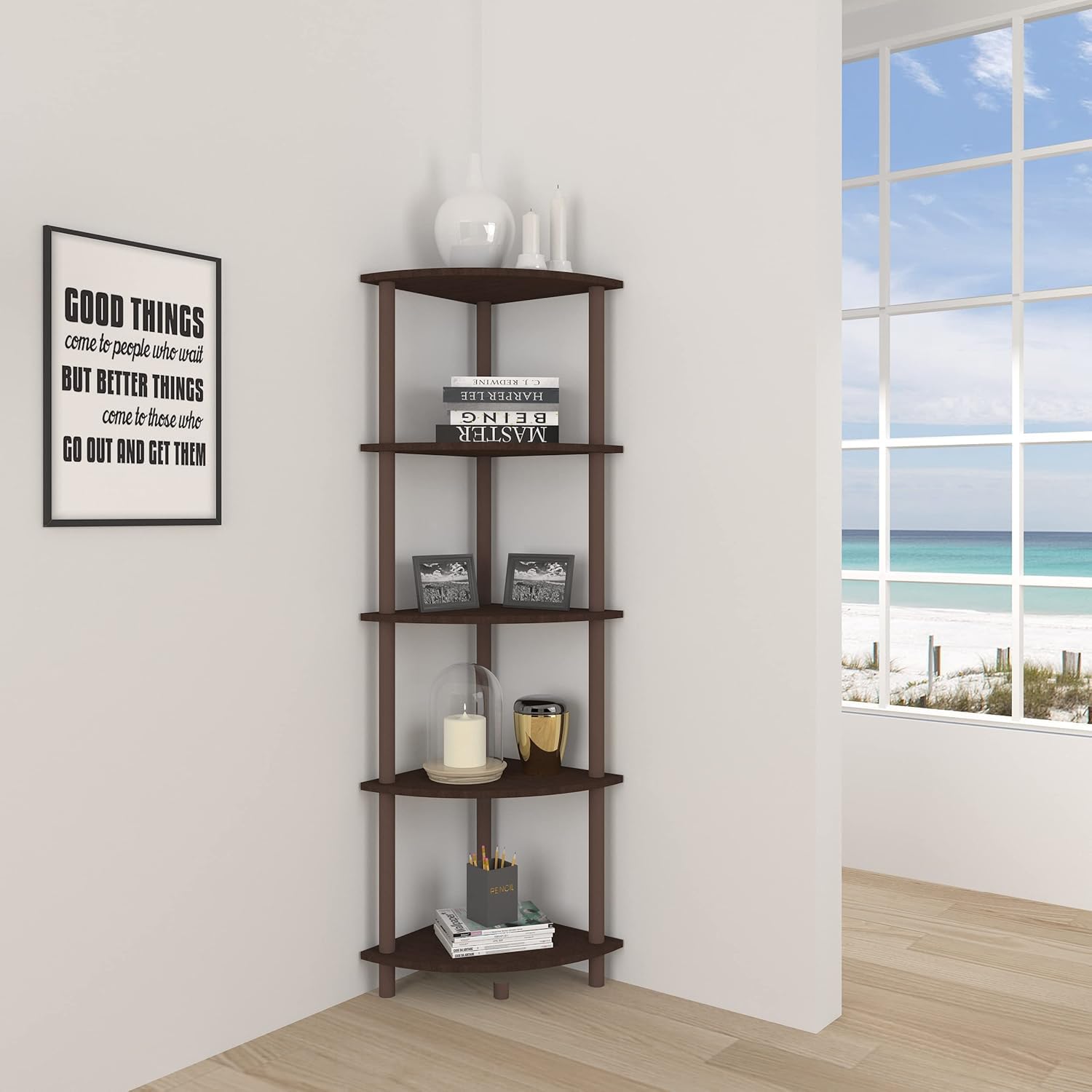 FLIPZON 5 Tier Freestanding Wooden Corner Display Rack Multipurpose Shelving Unit with Turn - N - Tube Design, Dark Brown/Black