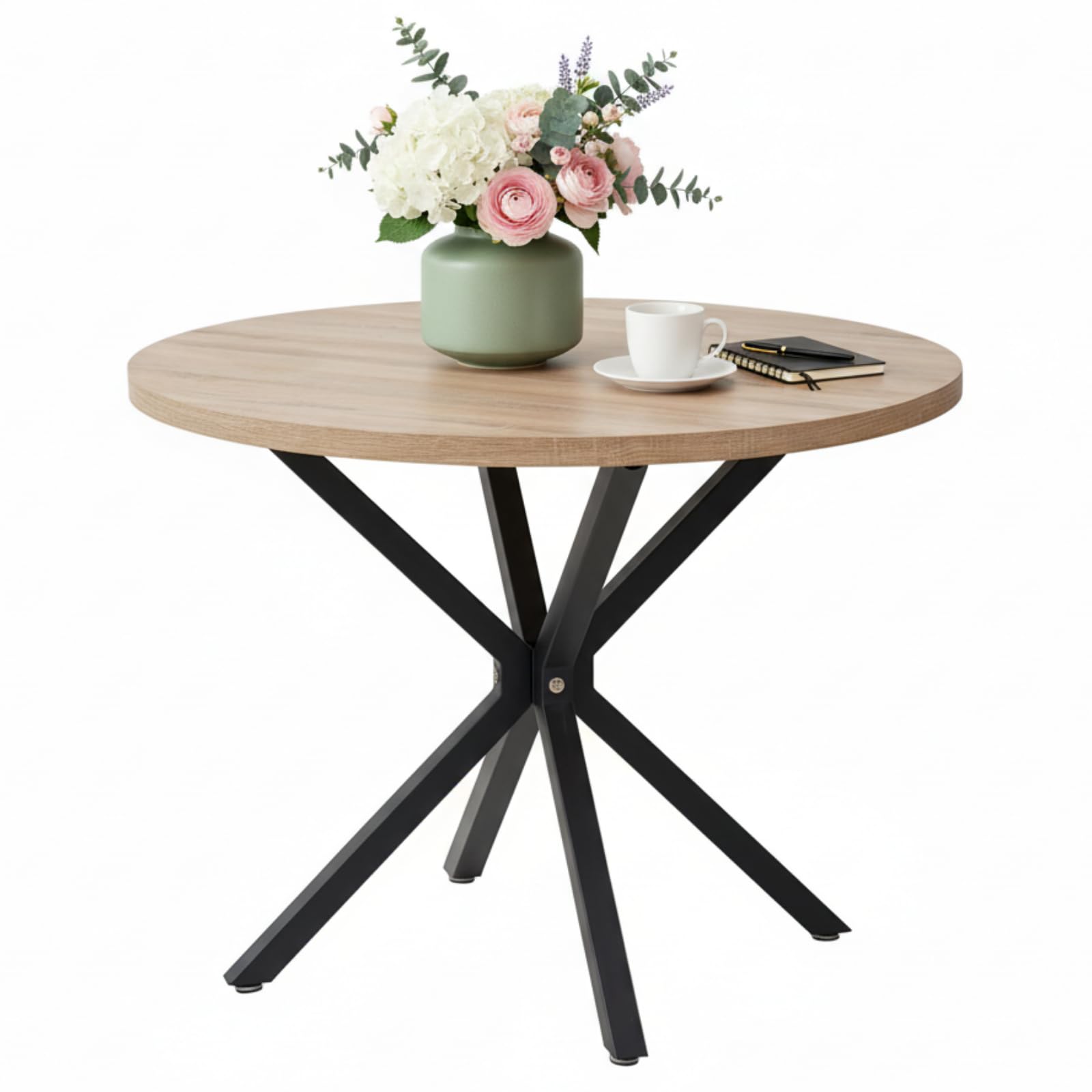 GrandCA HOME 100 cm esstisch rund，Großer esstisch,Geeignet für 4-6 Personen，MDF-Platte/Metallbeine aus Eisen,Geeignet für Küche, Esszimmer, Café, Wohnzimmer (Helle Holzmaserung)