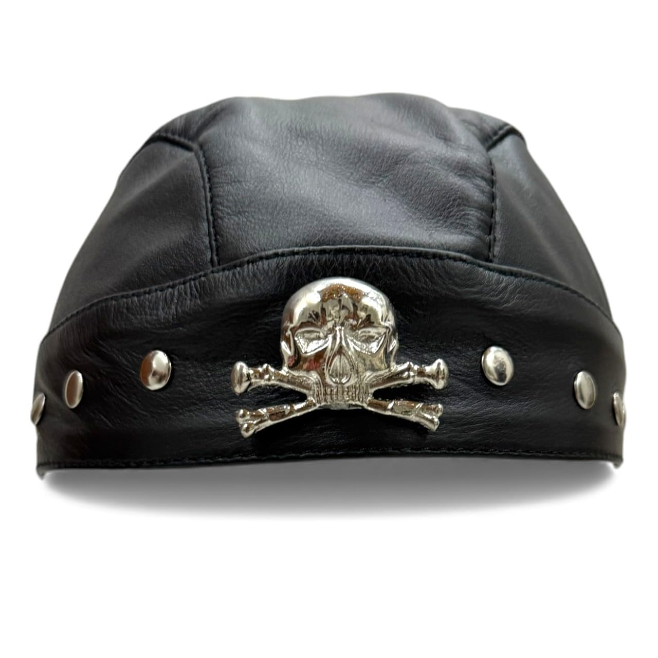 Leather Bandana Cap with Metal Skull Badge Black Biker Do-Rag Du-Rag Skull Cap for Men Women