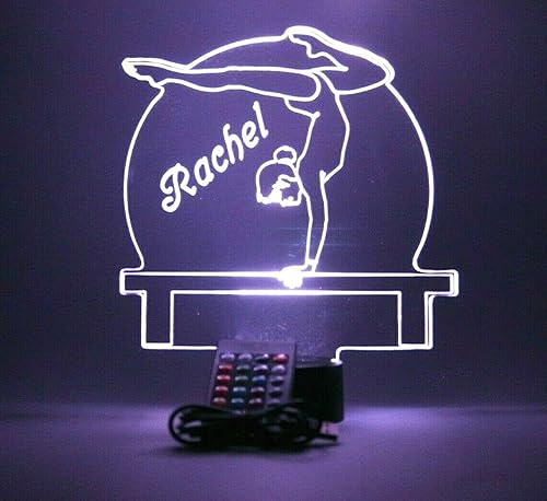 Gimnasta en haz de luz nocturna LED con nombre personalizado grabado para gimnasia, atleta, gimnastas, vaso, escritorio, gimnasia deportiva, club