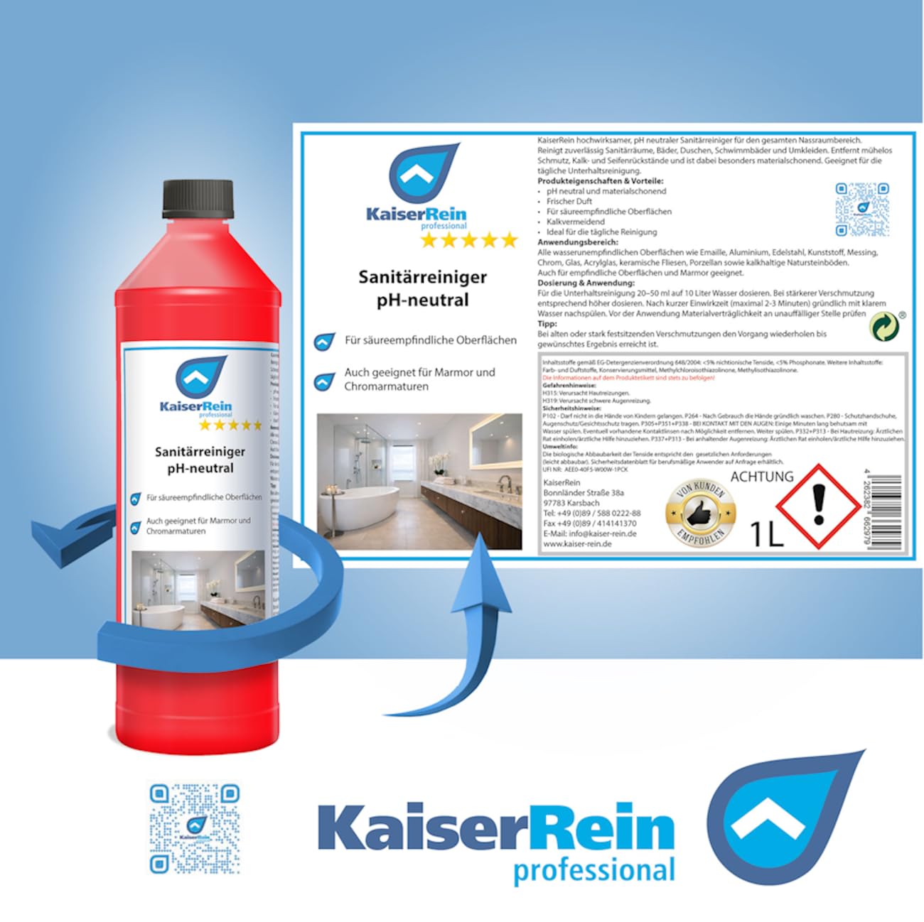 KaiserRein Sanitärreiniger pH neutral - Kalkentferner für alle Materialien, auch empfindliche wie Marmor, Chrom & Glas - entfernt Kalk & Schmutz mit frischem Duft - reduziert neue Kalkablagerungen