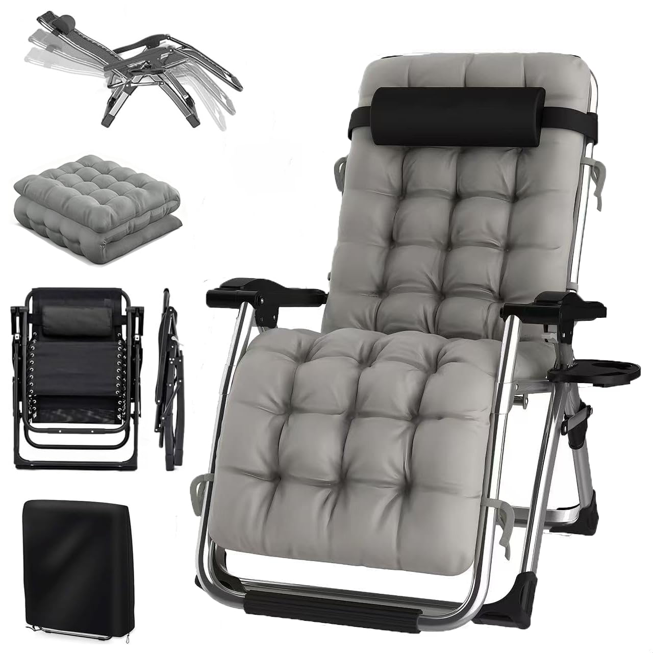 Sedia Sdraio Pieghevole 65cm, con Cuscino, per Esterni, Senza Peso, Regolabile, per Patio, Giardino, Spiaggia, Piscina, portante 200 kg, Grigio