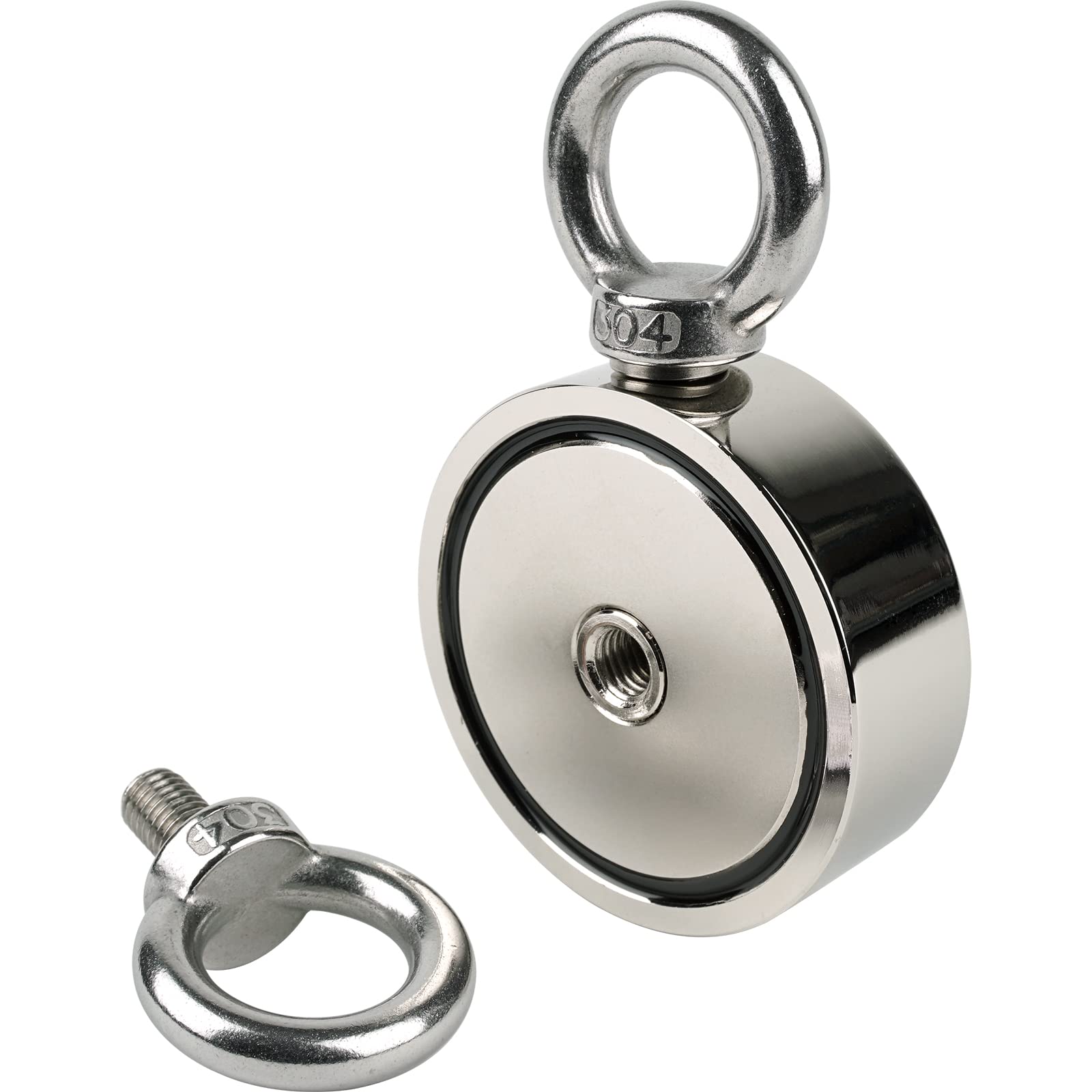 Imán SENSEI 250 kg, Imán de Neodimio de Doble Cara N52 con Gancho Superior y Lateral, Ø7,5 x H2,5 cm, Imán de Neodimio Muy Potente para Hogar, Taller, Pesca en el Agua