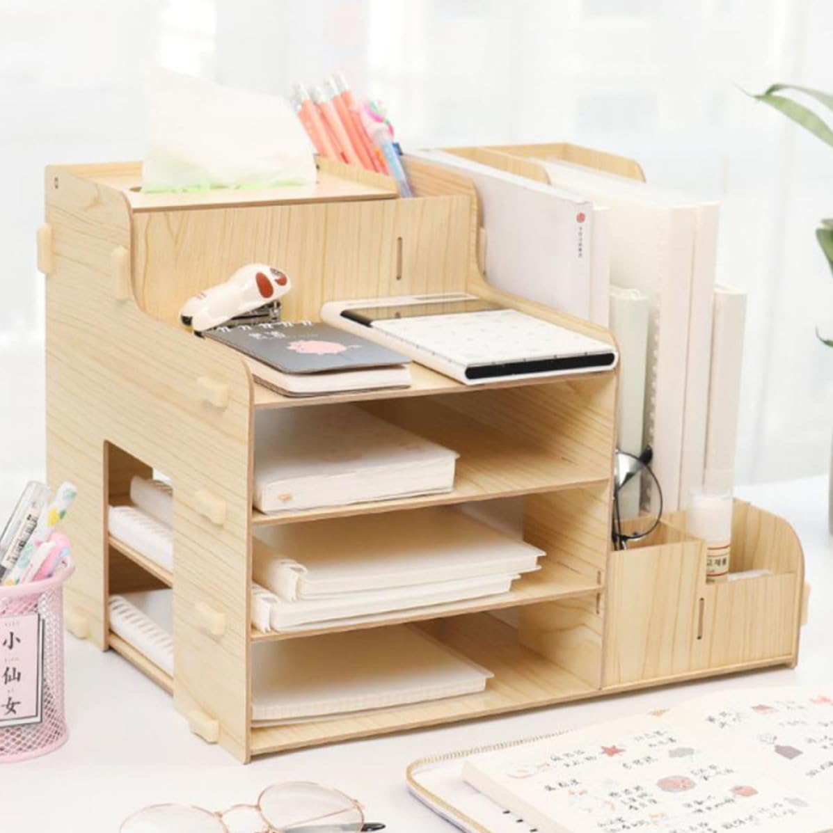 STOBAZA Organizador de Escritorio de Madera Robusta con Múltiples Compartimentos Almacenamiento Estable y Gran Capacidad para Documentos y Papelería para Oficina Estudio y Dormitorios