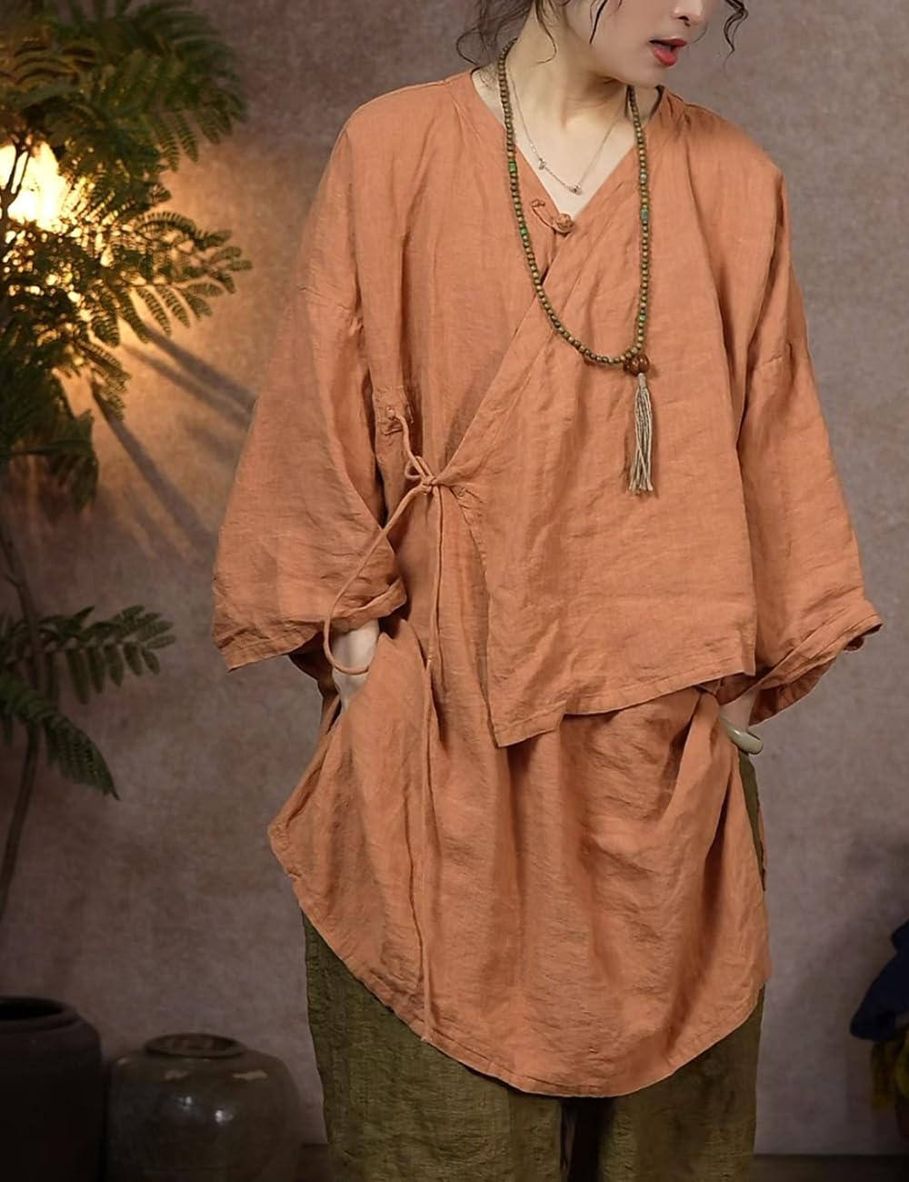 NFYM Camicia da donna casual a maniche lunghe, in lino stropicciato, asimmetrica sul davanti