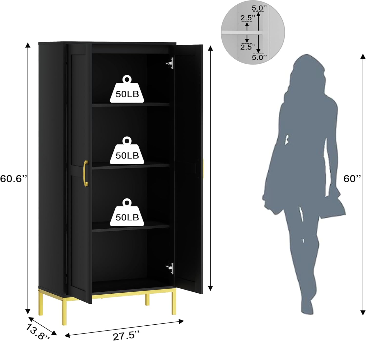 Storage Cabinet, Kitchen Pantry Cabinet with 2 Doors & Adjustable Shelves, Tall Storage Cabinet for Laundry Room, Living Room, Entryway,Bathroom,Black
