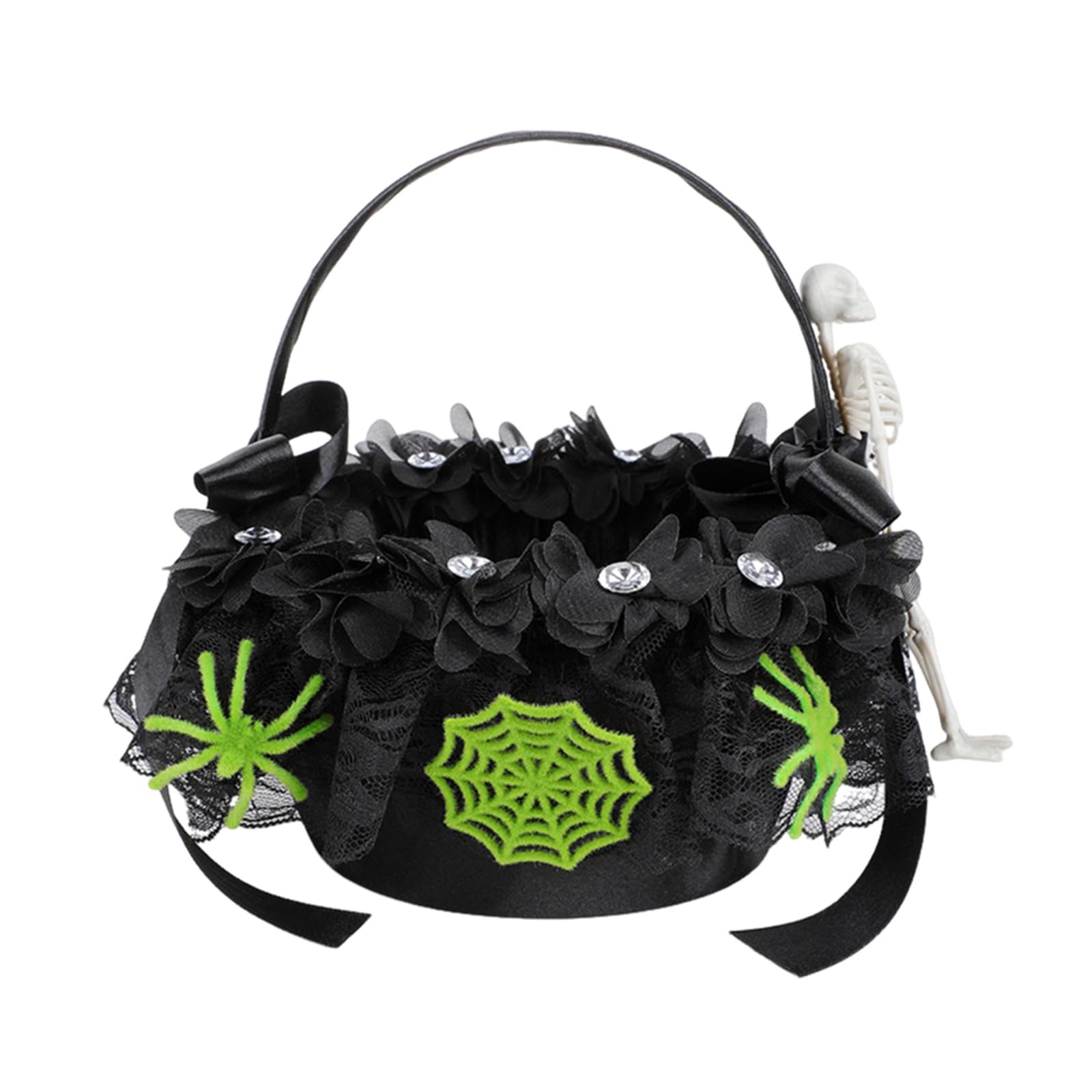 Belowsyaler Green S Weight Fabric Woven Gothic Flower Basket Skull Embellished Candy Holder Basket For Kids Halloween Party Table Centerpieces Multipurpose Halloween Stay