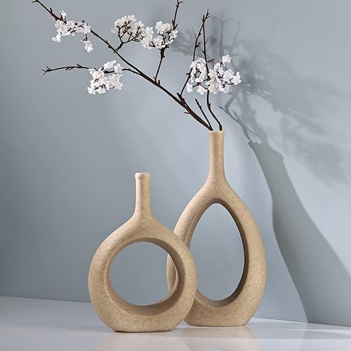 Miniatura 8 de LCCCK Jarrón de cerámica beige mate, jarrones circulares de color tostado con agujero, centro de mesa rústico neutro, decoración de mesa, jarrón