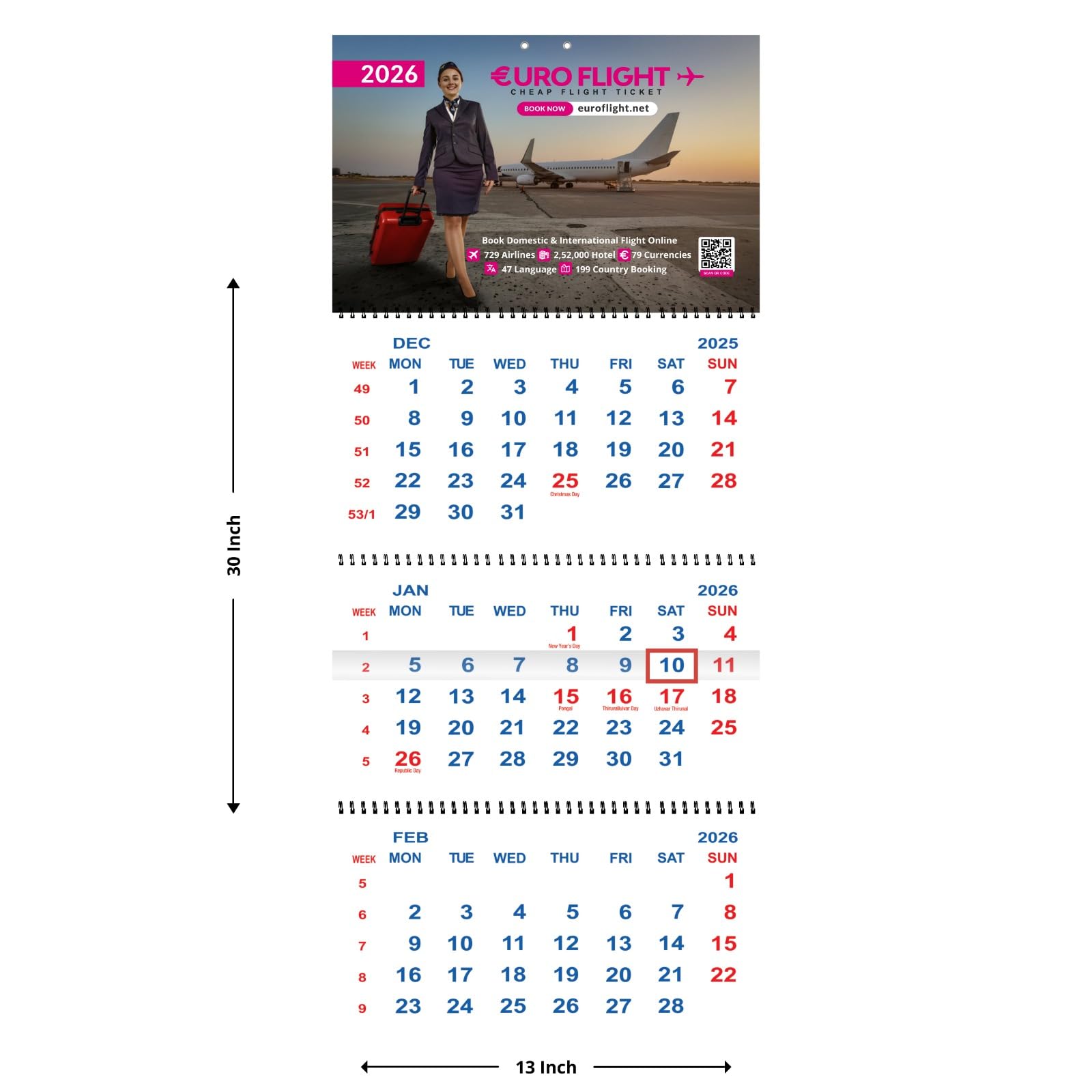 Three Month View Calendar 2026, Use Now to December 2025, 3 Month