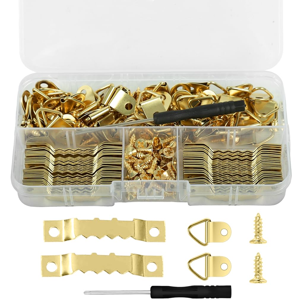 HASTHIP® 251Pcs Picture Frame Hanging Kit with Screwdriver, 50 Pcs Metal Hangers, 50 Pcs Saw-Tooth Strips 150 Pcs M4 Screws for Wall Mounting Artworks, Photos, Paintings & Decorative Panels-image-4