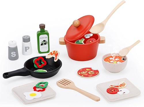 deli Juego de alimentos de madera, juego de 25 juguetes de cocina para niños, accesorios de cocina para niños a partir de 3 años