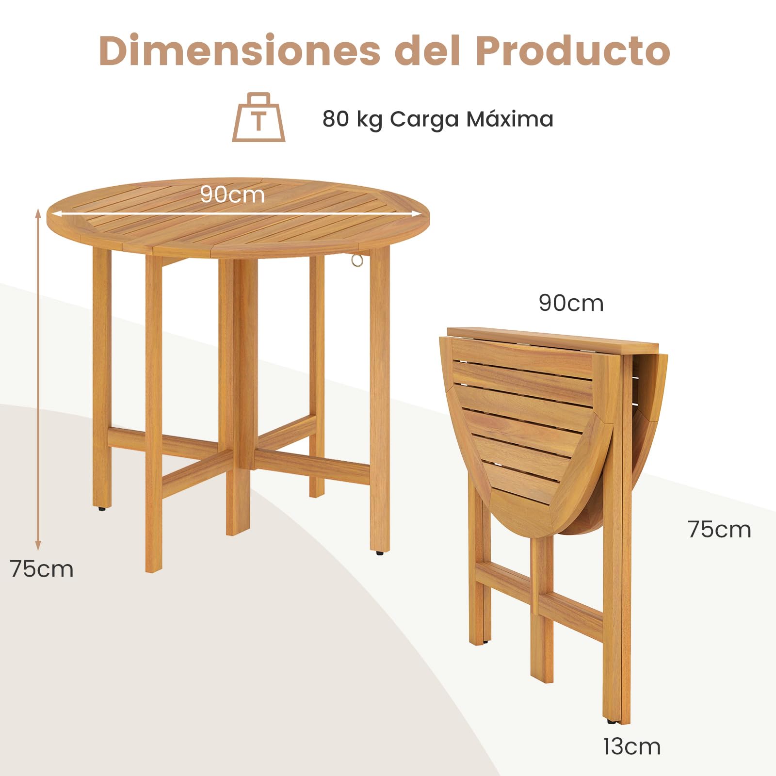 COSTWAY Mesa Plegable Jardín de Madera Acacia, 90 x 75 cm, Mesa Redonda de Comedor, Tablero de Listones, Jardín Porche Terraza Balcón Exterior Interior, Sin Montaje