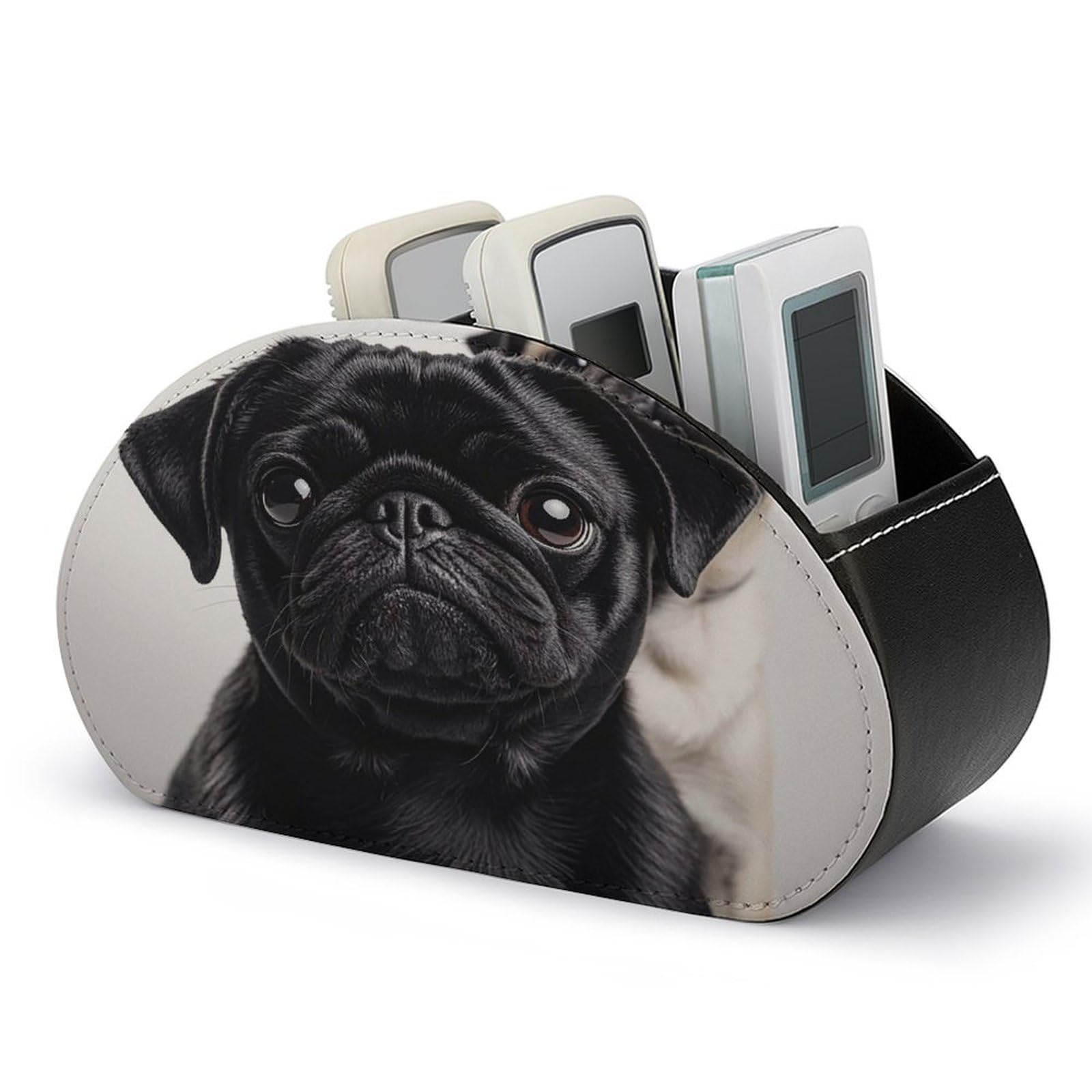 FekiLoot Cute Black Pug Dog TV Remote Control Holder with 5 Compartments Multi-functional Leather Bedside Table Remote Caddy Desktop Storage Box for Store Pen Controller Media Player Cosmetic
