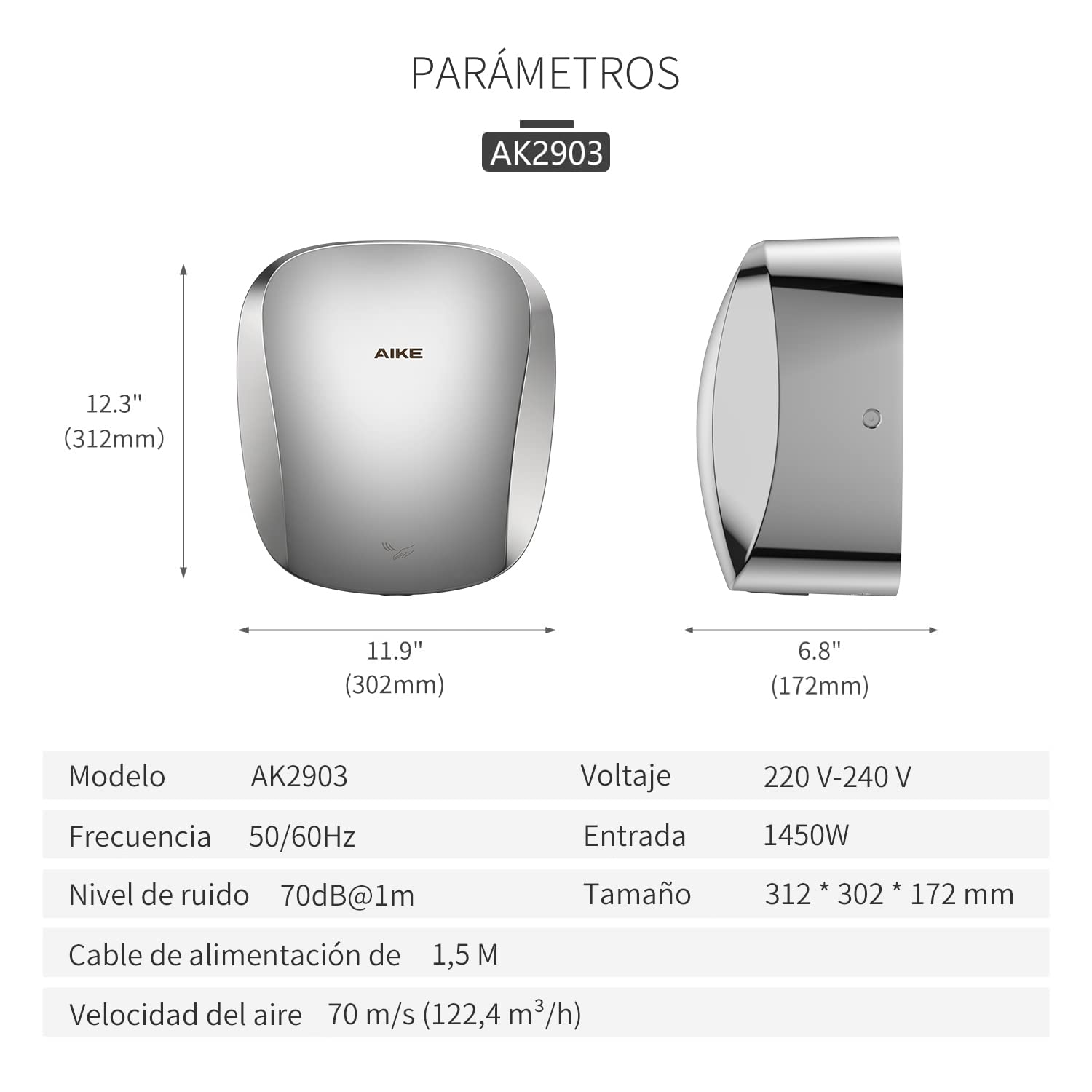 AIKE Secador de Manos eléctrico Profesional de Acero Inoxidable, Secado en 8-12 Segundos - 2 años de garantía