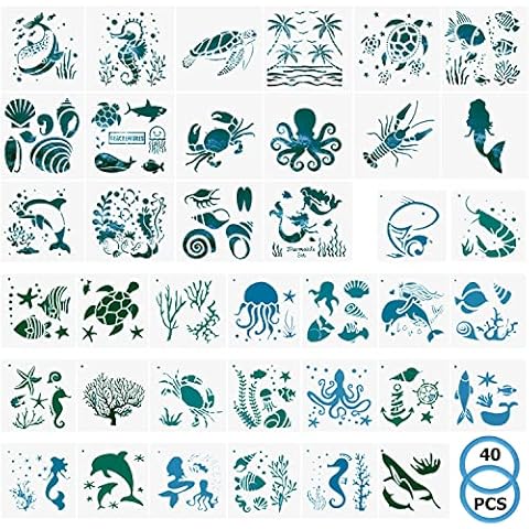 38 pcs Painting Stencils with 2 Binder Rings, VEINARDYL 15cm/13cm Sea Ocean Creatures Plastic Painting Templates Reusable Drawing Stencils for DIY Crafts Scrapbooking Painting on Wood Floor Wall Cover