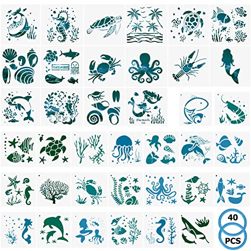 38 piezas Plantillas de Pintura con 2 Anillos de Carpeta,15cm/13cm Criaturas del Océano del Mar Plantillas de Dibujo para manualidades de bricolaje Scrapbooking Pintura en Pared Piso Madera Cover