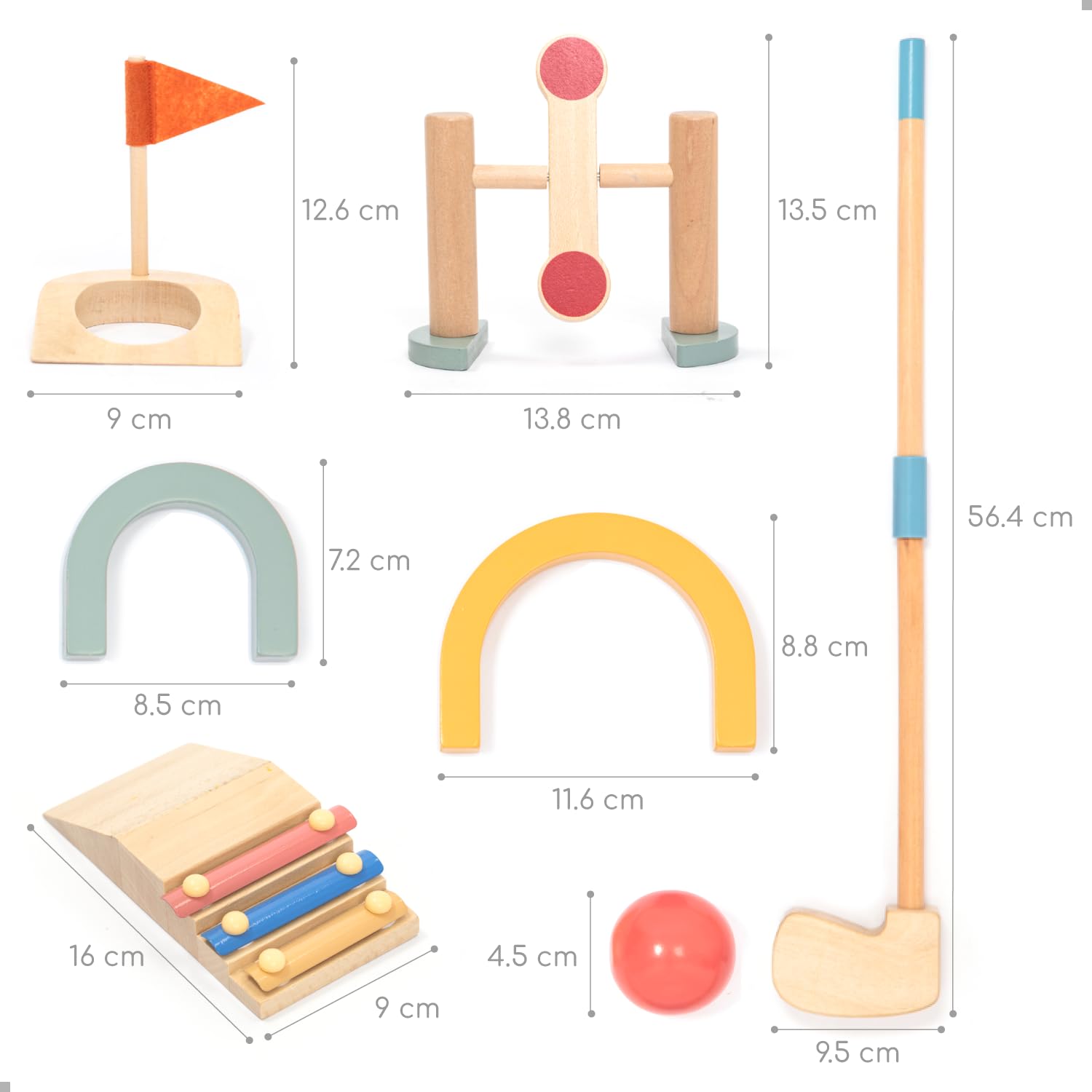 umu® Minigolf Set aus Holz für Kinder – 6 Hindernisse, Indoor und Outdoor Spielzeug Golfset mit Bällen und Golfschlägern – Kreatives Lernspielzeug für Jungen und Mädchen ab 3 4 5 6 Jahren