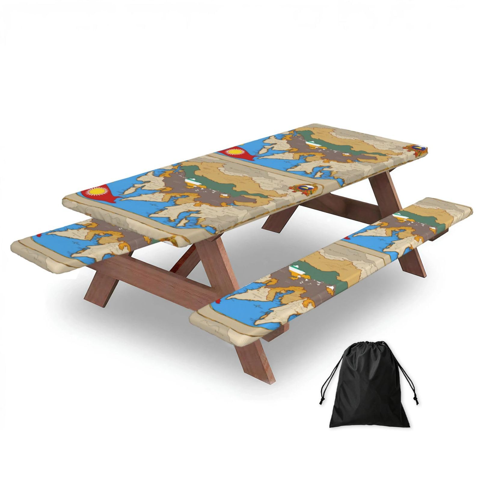 Duwaa Black Kingdom Of Bhutan Flag Map02 Print 183Cm Picnic Table Cover With Bench Covers, Waterproof Elastic Tablecloth Set For Outdoor