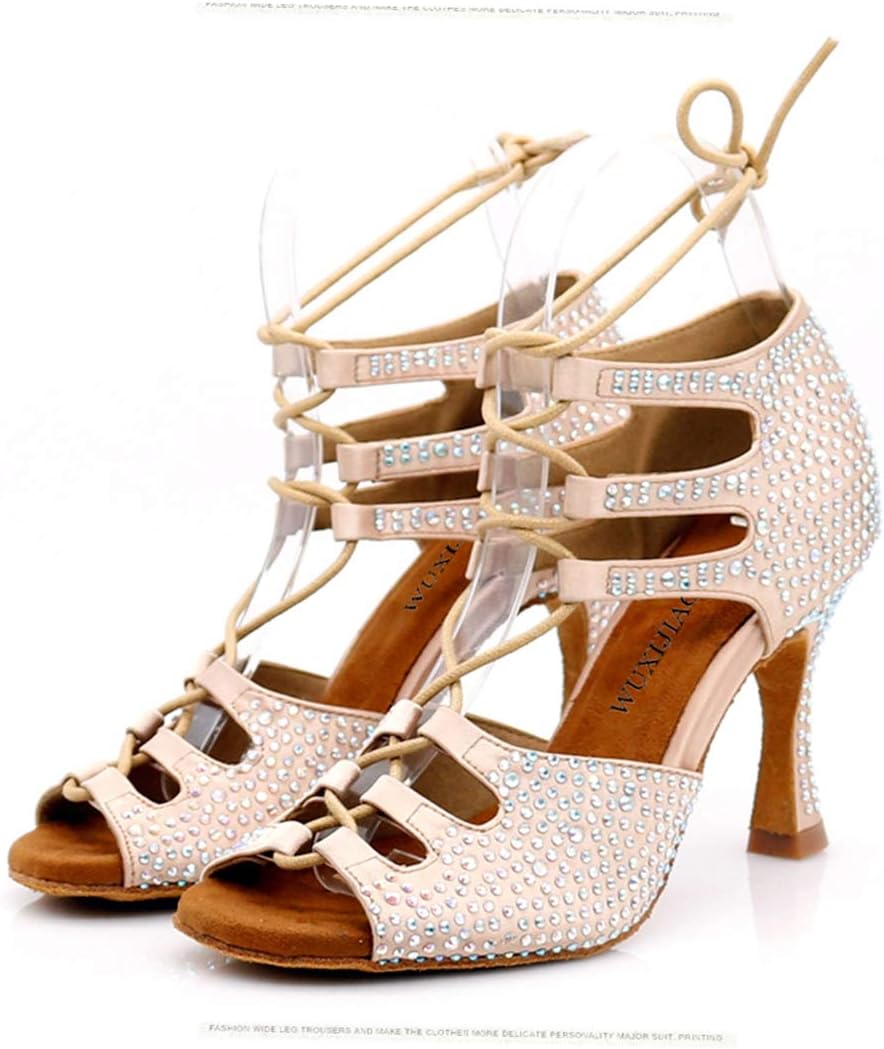 TDA Women's Sexy Lace-up Peep Toe Beige Crystals Satin Salsa Tango Ballroom Latin Dance Shoes 7 M US