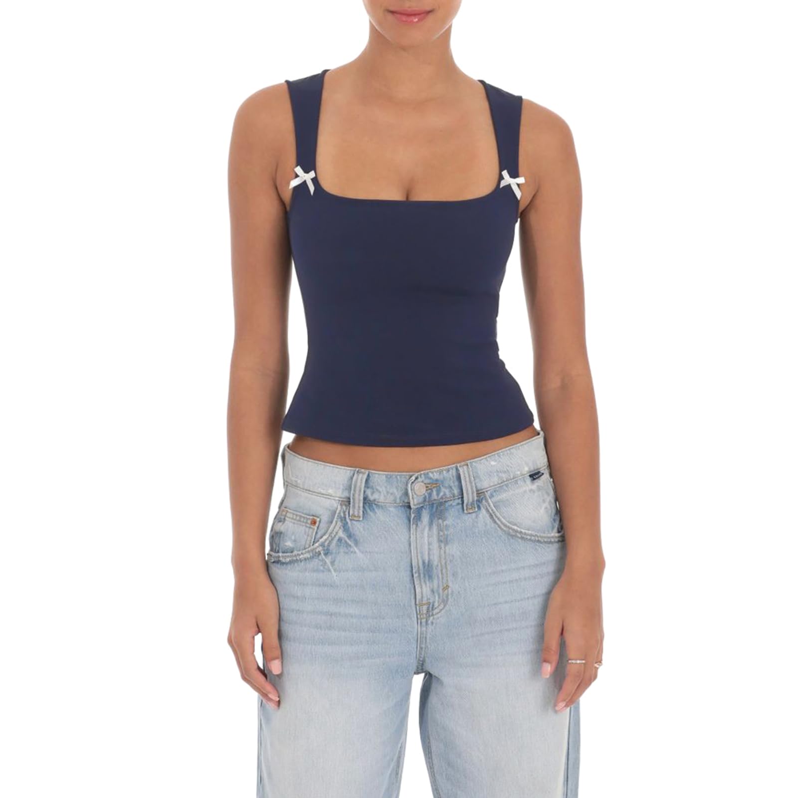 Women Ribbed Square Neck Tank Tops Backless Sleeveless Tops Basic Bows Slim Fit Shirts (Navy, l)