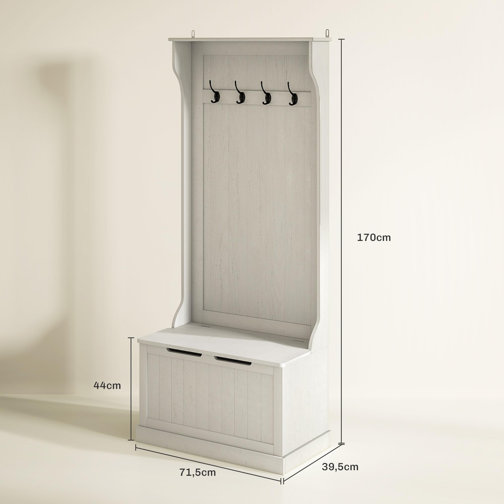 HOMCOM Perchero Zapatero, Perchero Recibidor con Banco de Almacenamiento, 4 Ganchos, para Pasillo, Dormitorio, Salón, Estilo Moderno, 71,5x39,5x170 cm, Blanco
