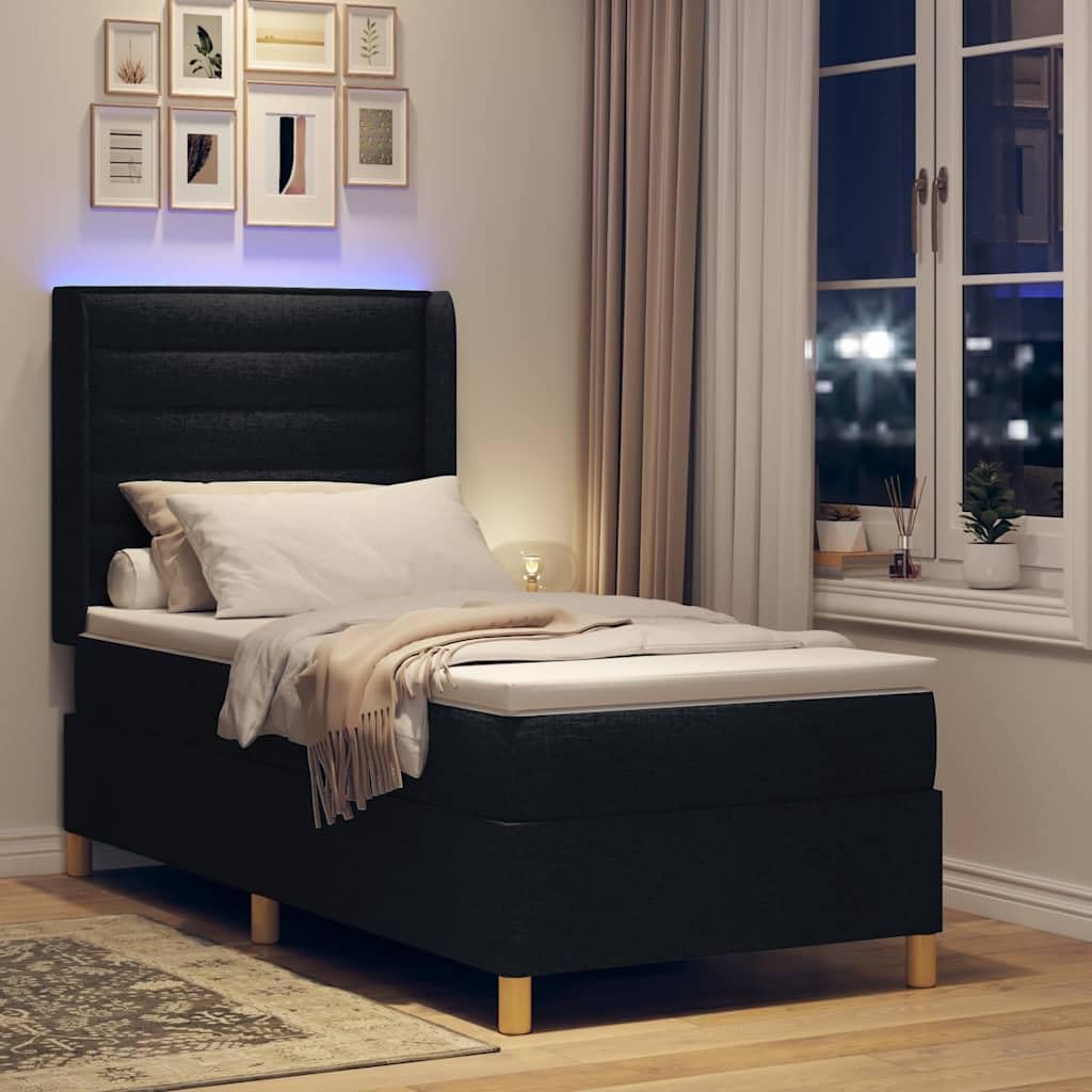 Cama con somier negro de 90 x 200 cm de tela con tiras de luz LED y cabecero ajustable, somier de lamas, colchón de resistencia media, marco de madera, cama moderna para dormitorio individual