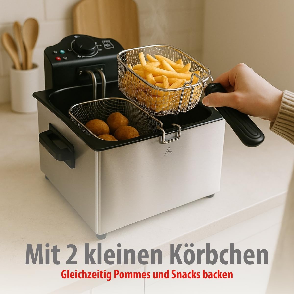alpina Doppel Friteuse 5L WJ-801 - Fritteuse mit Öl 200W - Fritöse mit 3 Körbe - Einstellbarer Thermostat bis 190 °C - Geschützt gegen Überhitzung - Perfekt für Pommes oder Snacks - Edelstahl - Silber