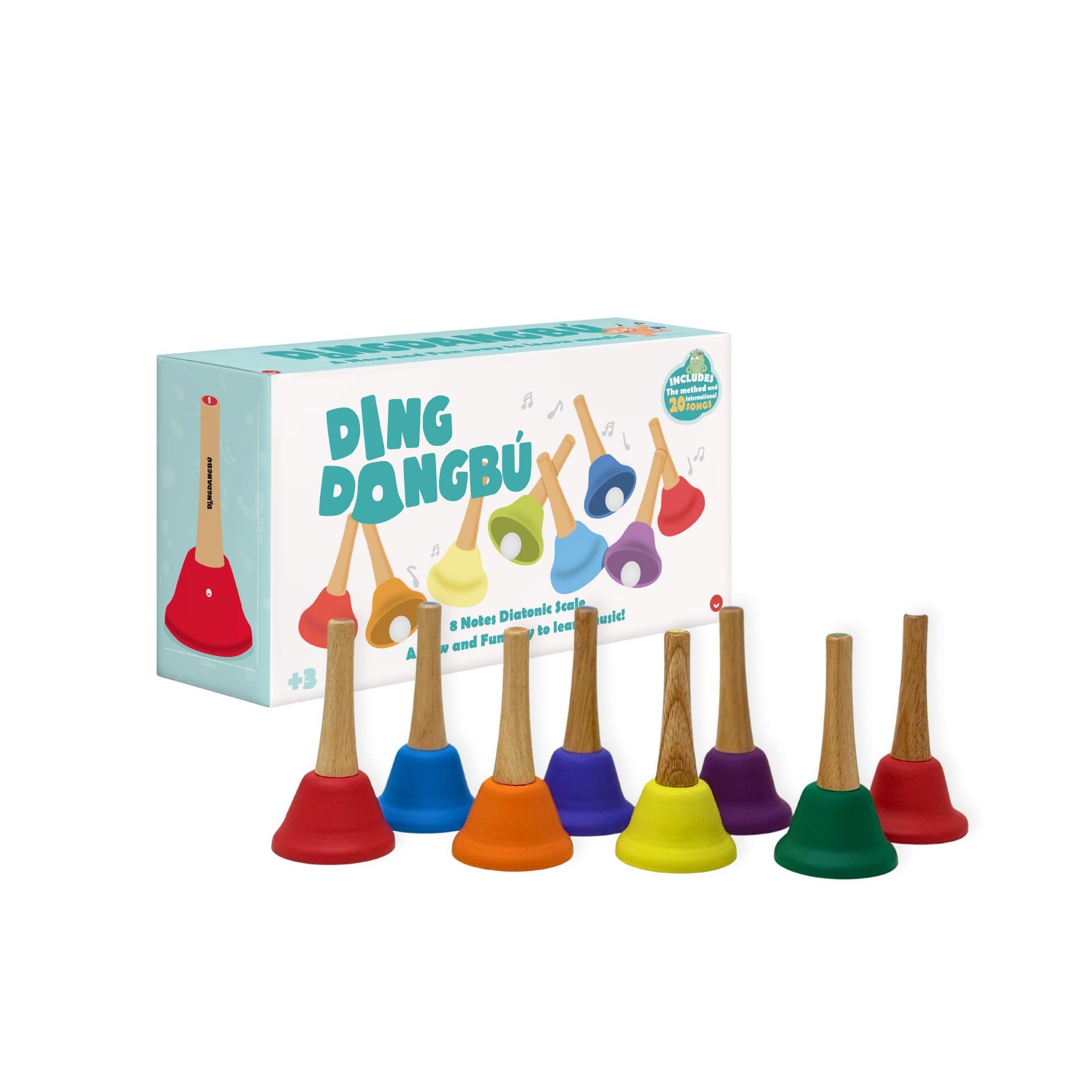 DingdangBú Handbell. Campanas de Mano Musicales Diatónicas para Niños, Soporte de Madera. 8 Campanas de Colores, 8 Notas Distintas. Incluye Libro de música. 3+