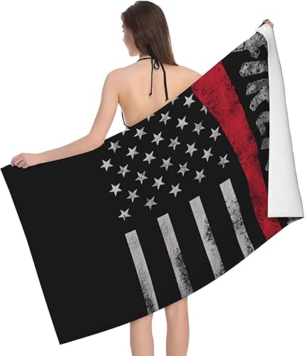 Decktt Toalla de playa de bomberos con bandera de línea roja fina, 32 x 52 pulgadas, toalla de camping de microfibra de secado rápido, súper