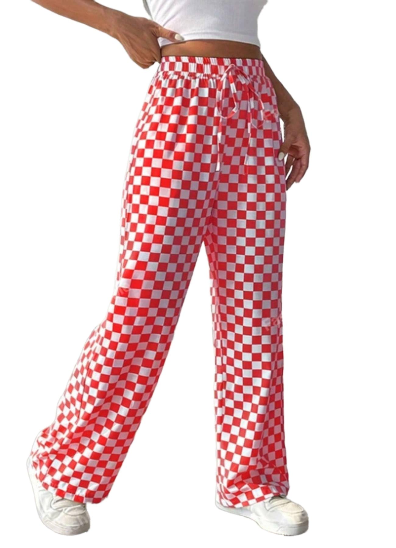 Womens Casual Checkered Pants Drawstring Elastic Waist Comfy Loose Straight Wide Leg Plaid Pants with Pockets