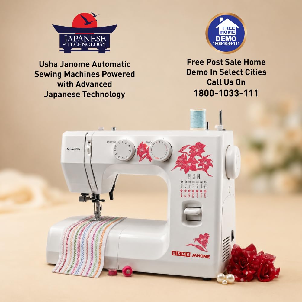 USHA Janome Fully Automatic Allure Deluxe Sewing Machine,13 Built-in Stitches,21 Stitch Functions,Auto Needle Threader,Auto Feed Drop,Triple Strength Stitch,Button Hole Stitch,LED Sewing Light,White — Amazon image 3