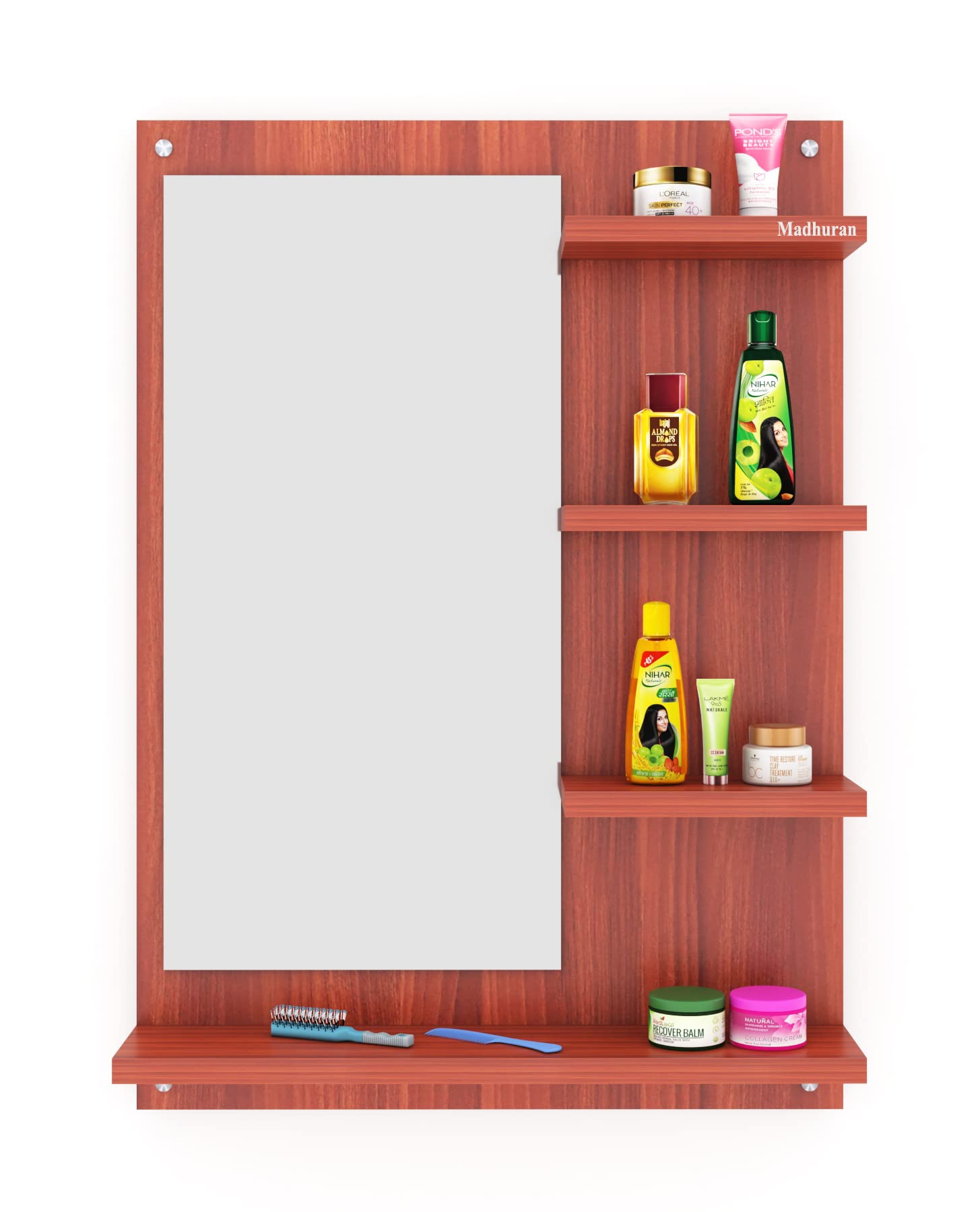Madhuran Mico Mini Engineered Wood Wall Mount Dressing Table Mirror with Shelves