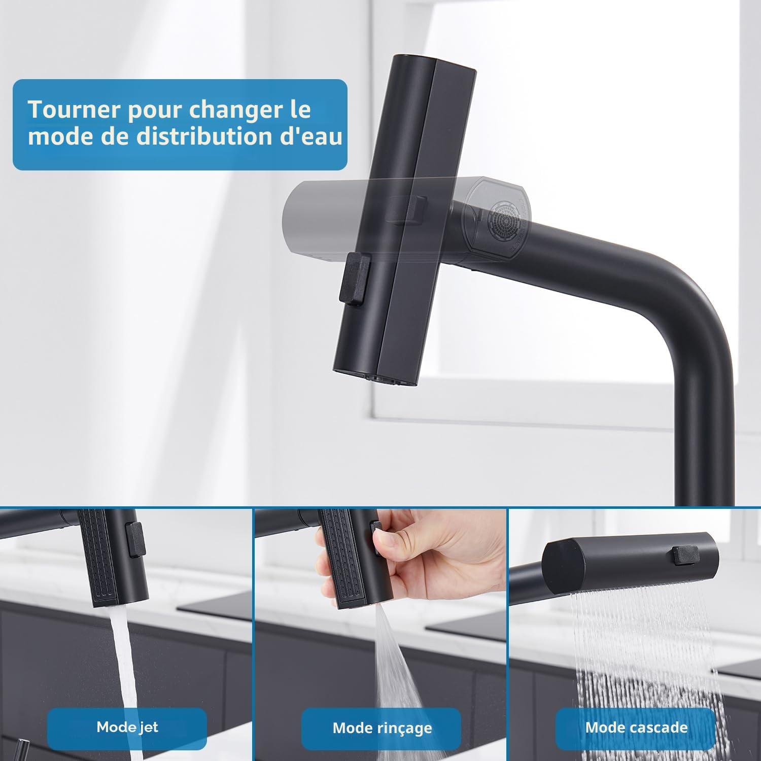 Mitigeur Cuisine Noir Cascade, Douchette Extractible 3 Modes, Robinetterie Evier Escamotable Rotatif 360° Acier Inoxydable