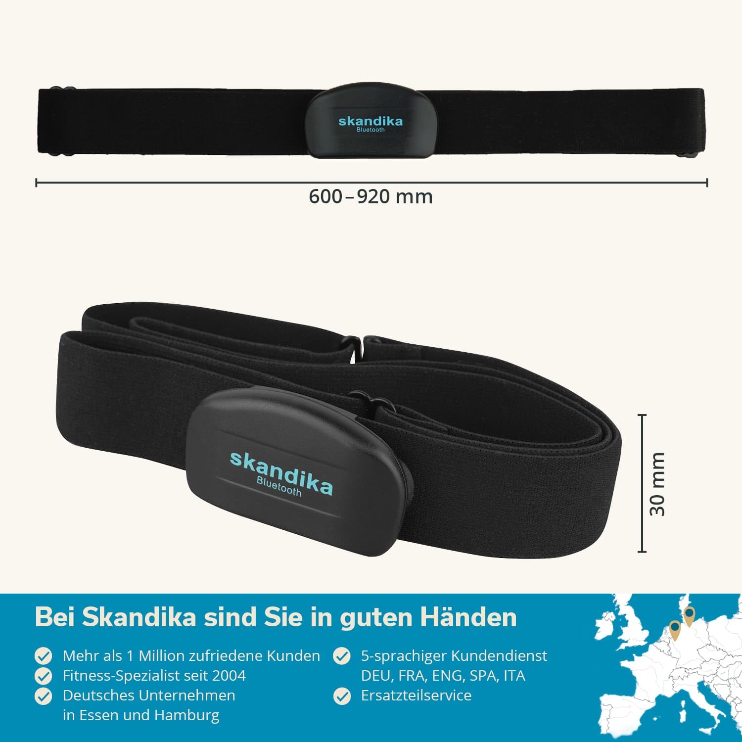 Skandika Brustgurt Pulsmesser Bluetooth | Herzfrequenzmesser für Sportgeräte, Pulsmessung, kompatibel mit Fitnessgeräten, Bluetooth-Schnittstelle, Fitness-Apps, Sportuhren | Pulsgurt