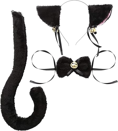 Juego de accesorios de disfraz de orejas de gato y cola, clip para el pelo para mujeres y niñas, fiesta de Halloween