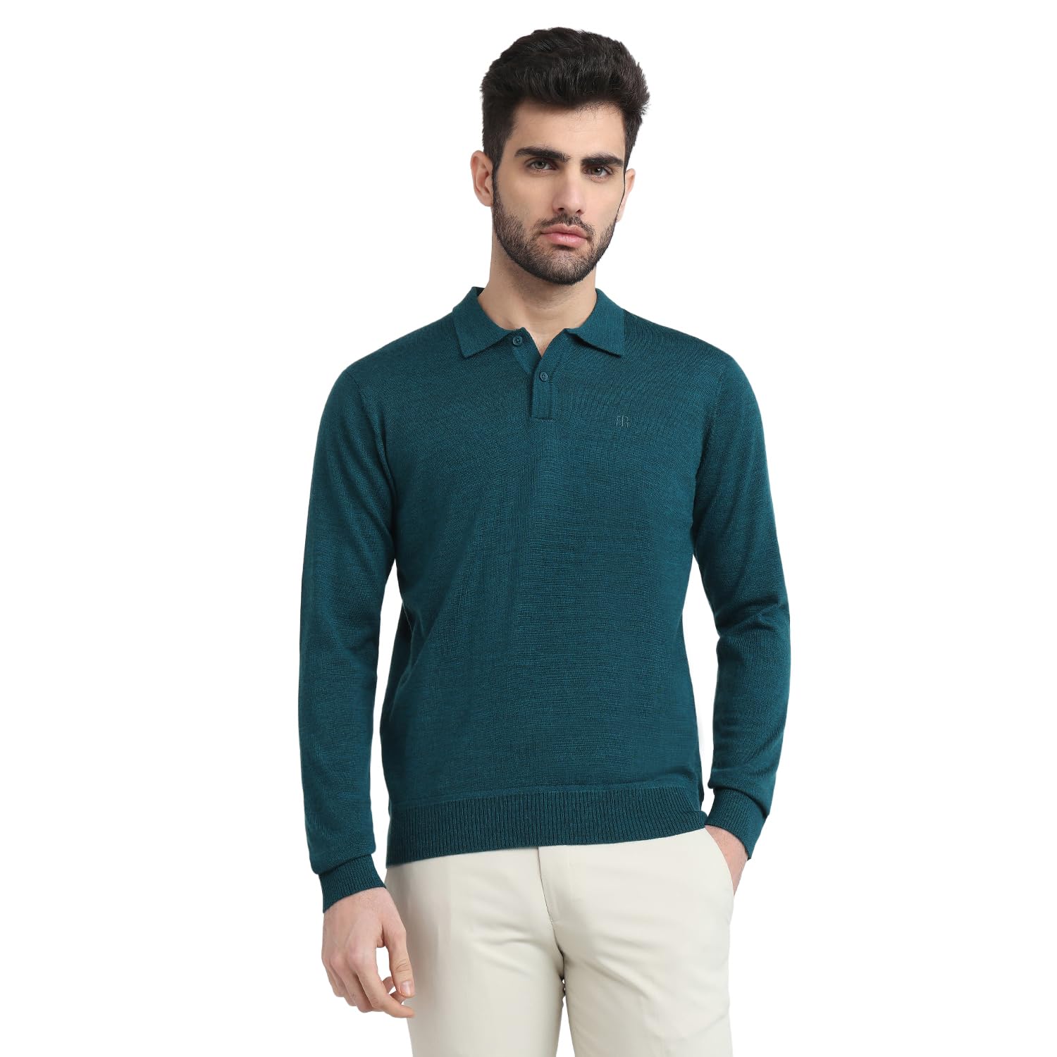 Men Contemporary Fit Solid Pattern Marino Wool Acryalic Blend Rib Collar Full Sleeve Casual Sweater-image-48