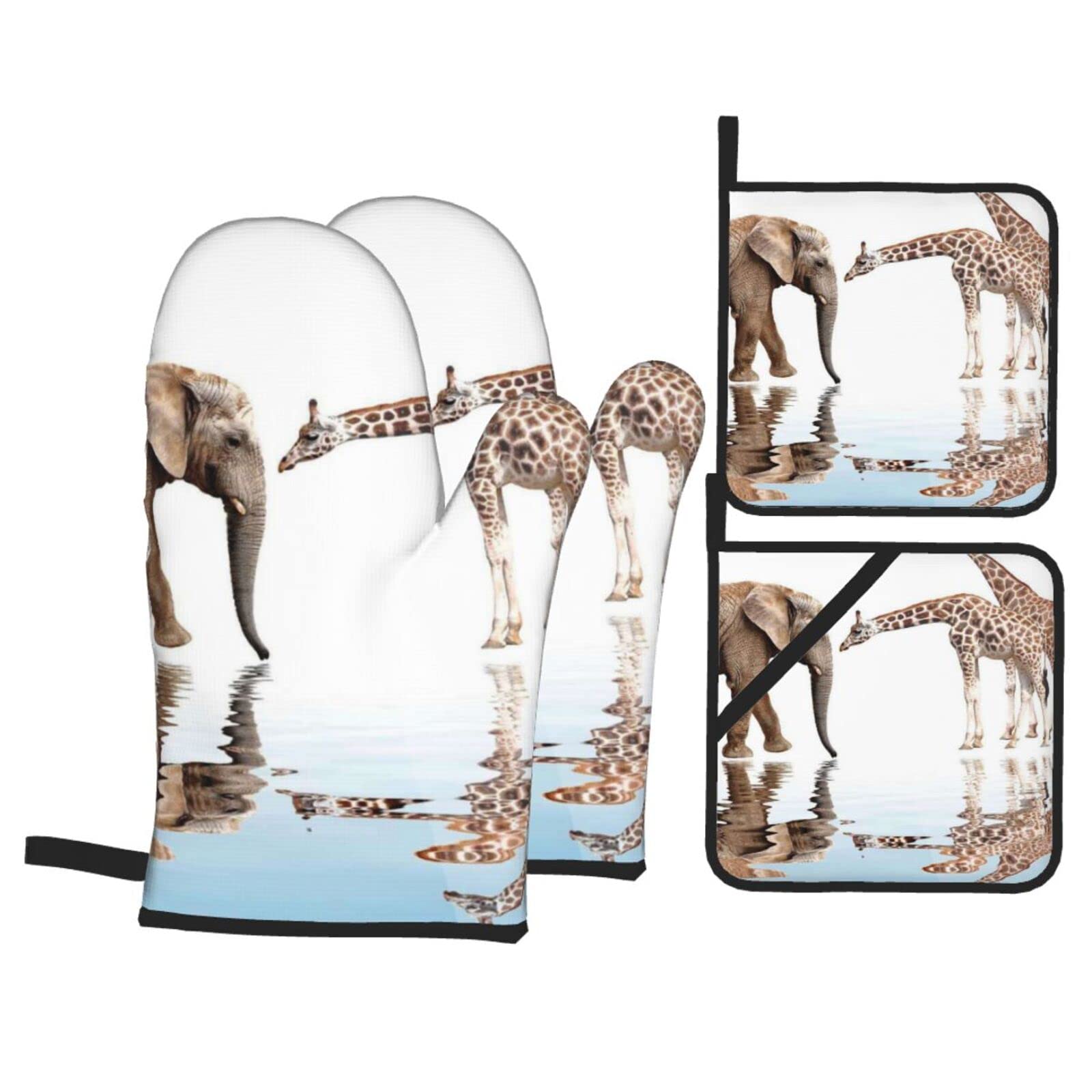 Giraffe and Elephant Print Kitchen Baking Four Piece Set of Heat Resistant Thick Cotton Oven Mitts for Cooking, Baking and Grilling