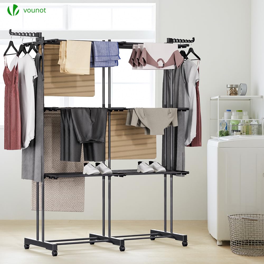 VOUNOT® Wäscheständer Turm Ausziehbar, Platzsparender Turmwäscheständer für Innen & Außen, mit Faltbaren Flügeln, Teleskopstange und 6 Rollen, 40m Trockenlänge, 3 Ebenen, Schwarz