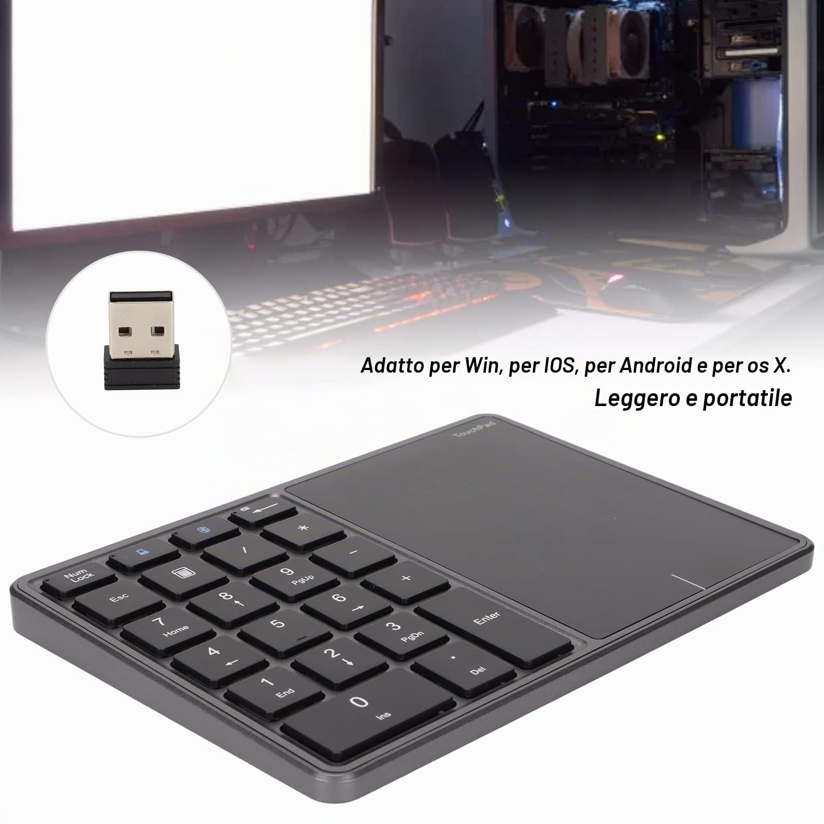 Zunate Tastierino Numerico con Touchpad, Bluetooth e Wireless 2.4G, 22 Tasti 500mAh Type-C Tastierino Numerico Ricaricabile Trackpad, per Win, per iOS, per Android, per OS X(Grigio Ferro)
