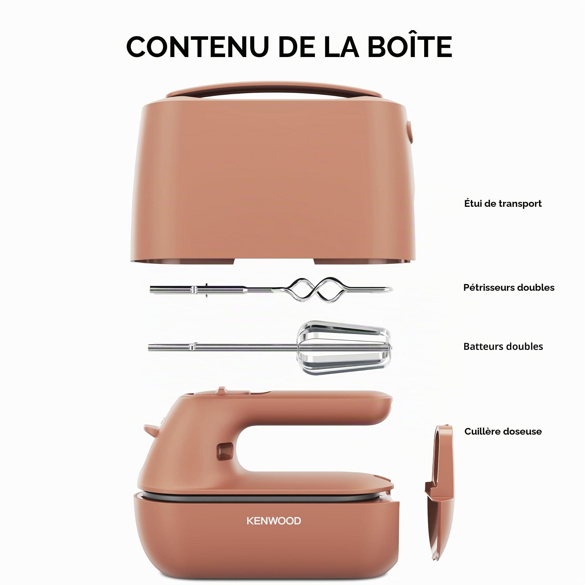 Kenwood QuickMix Go HMP40.000RD Batteur à main portable avec étui de transport intégré, libération SureEject, batteur et pétrisseurs en acier inoxydable inclus, cuillère à mesurer, 350 W, rouge argile