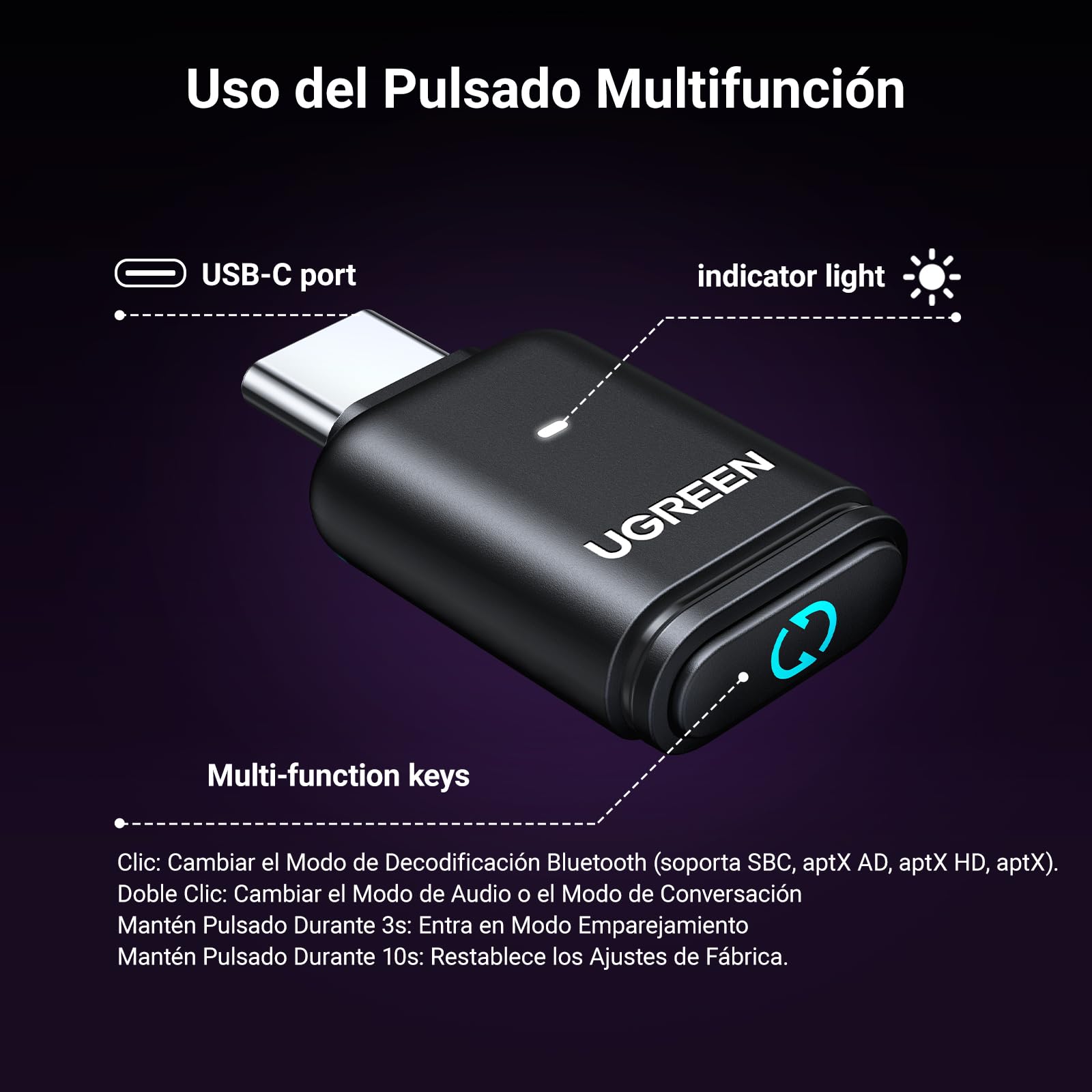 UGREEN USB C Transmisor Bluetooth 5.3 Adaptador de Audio aptX AD HQ Adaptativo Baja Latencia Type C para Switch 2 PS4 PS5 Pro Consola de Juegos PC Mac Plug Play