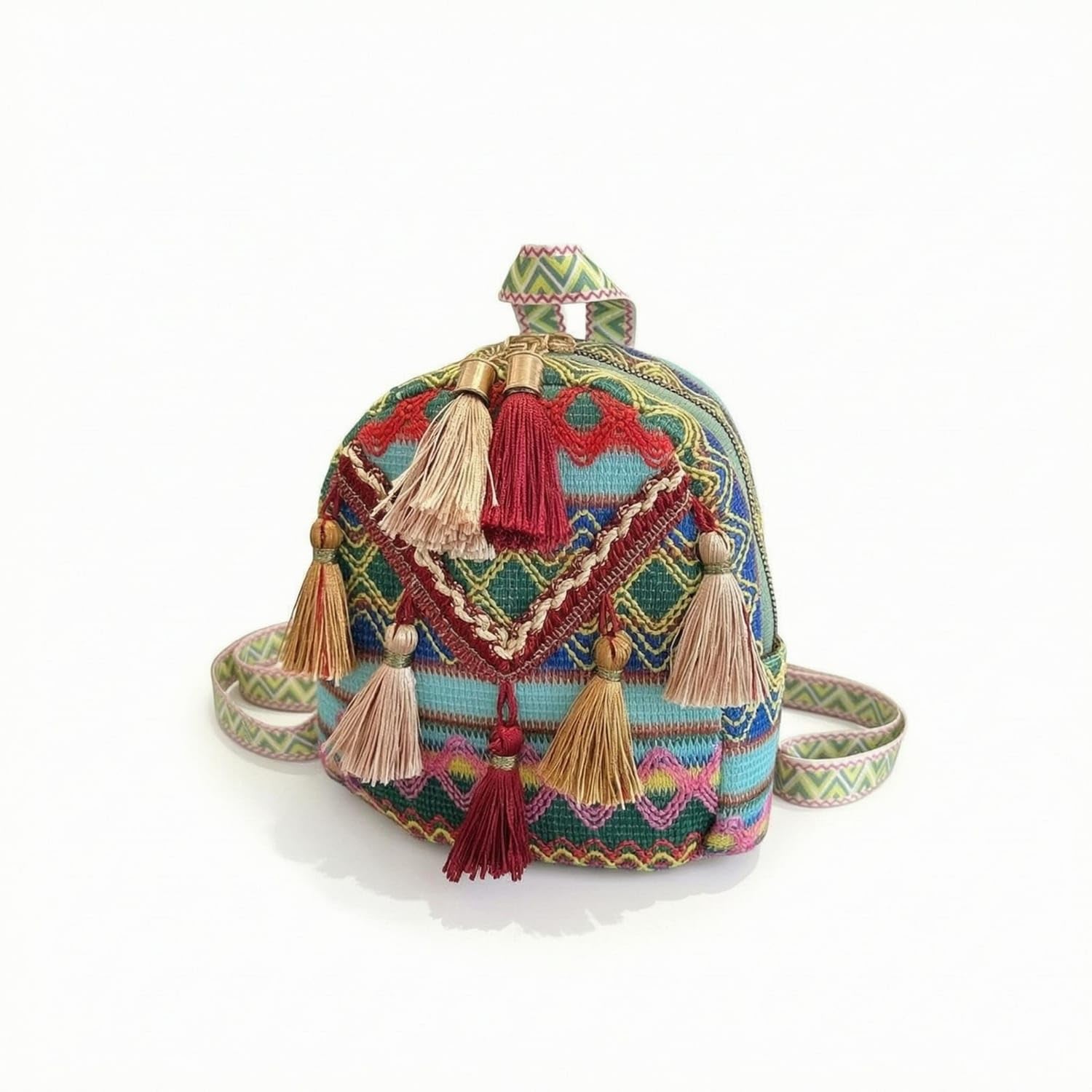 ECOMISTIQ® Decorative Tassels Ethnic-Style Backpack Zigzag Trim Boho Backpack Structured Shape, Blue-image-8